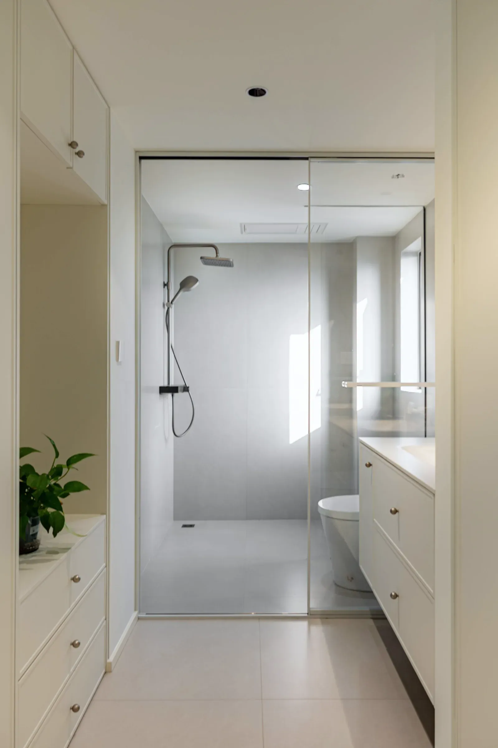 Bath with the shower zone behind a glass partition and a dry floor outside it