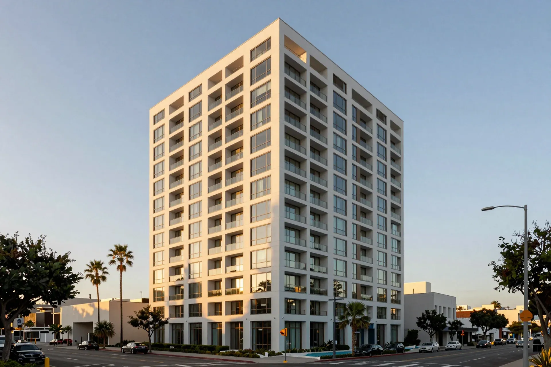 Garam, a white tower with a grid of deep-set windows and balconies