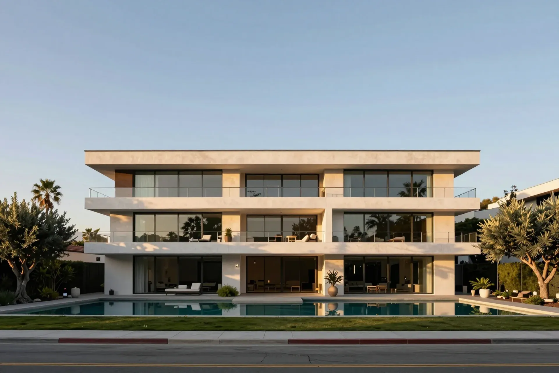 Noeul Gardens, three long white floors behind a reflecting pool and lawn