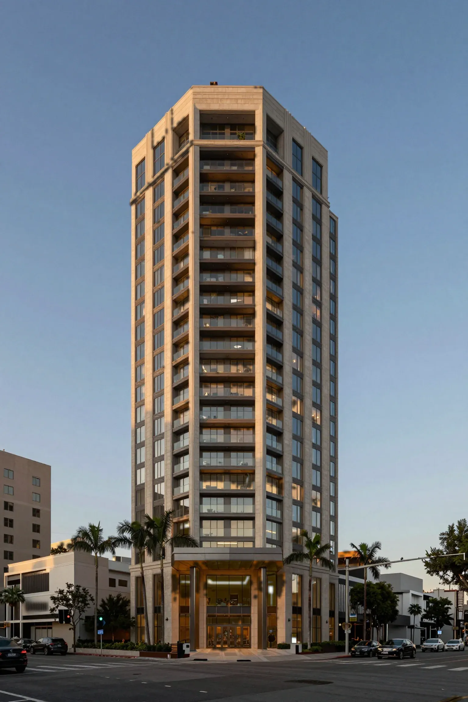 Seorin Wilshire, a 21-story limestone tower on Wilshire Boulevard, at dusk