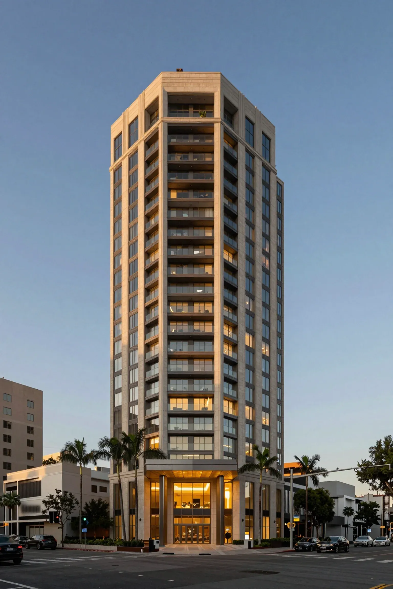 Seorin Wilshire, a limestone and bronze-glass tower on Wilshire Boulevard at golden hour
