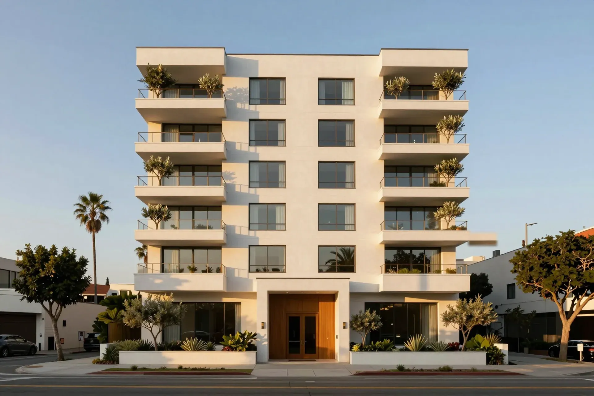 Yunseul, a six-story white building with planted terraces and a walnut entrance