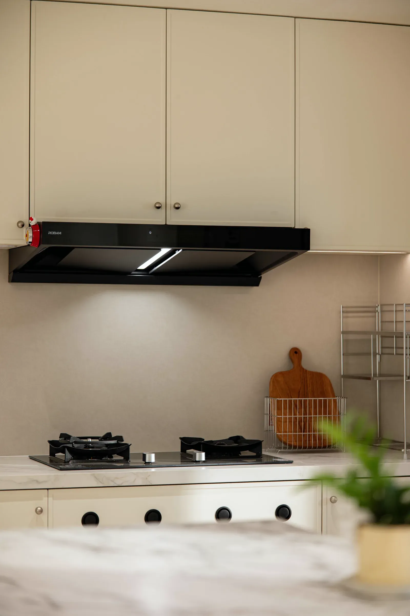 Kitchen counter, cooktop and recessed hood