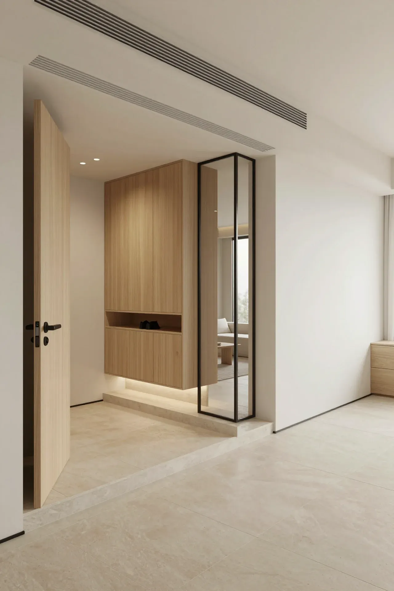 Entry hall with a lit oak shoe cabinet, a step up to the living room and a glass partition